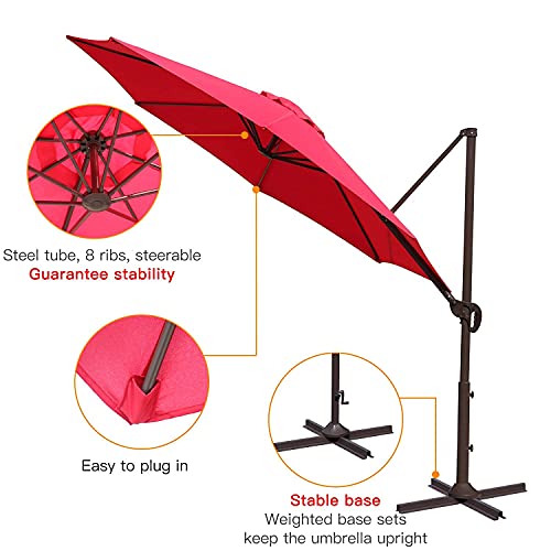 PRASLINA 10 FT Outdoor Patio Umbrella, Cantilever Outdoor Hanging Umbrellas with 360 Degree Rotation, Backyard, Garden Umbrellas with Crank & Cross Base, 8 Ribs(Red)