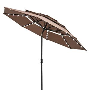 ainfox 10ft 3 tiers solar patio umbrella with 40 led lights, outdoor market umbrella with w/double vented umbrella, simple crank operation, auto-tilt umbrella for backyard, pool, garden,market
