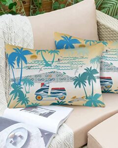 edwiinsa outdoor pillow covers waterproof, coconut tree all weather cushion case set of 2, summer teal moire yellow ombre sunset lumbar pillowcase for sofa couch bed decor patio furniture 20″x12″