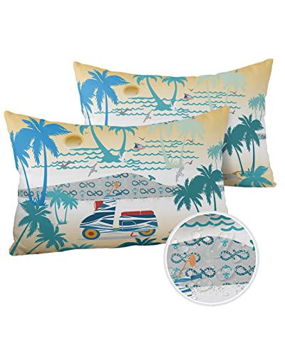 Edwiinsa Outdoor Pillow Covers Waterproof, Coconut Tree All Weather Cushion Case Set of 2, Summer Teal Moire Yellow Ombre Sunset Lumbar Pillowcase for Sofa Couch Bed Decor Patio Furniture 20"x12"