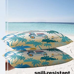 Edwiinsa Outdoor Pillow Covers Waterproof, Coconut Tree All Weather Cushion Case Set of 2, Summer Teal Moire Yellow Ombre Sunset Lumbar Pillowcase for Sofa Couch Bed Decor Patio Furniture 20"x12"