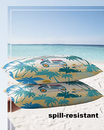 Edwiinsa Outdoor Pillow Covers Waterproof, Coconut Tree All Weather Cushion Case Set of 2, Summer Teal Moire Yellow Ombre Sunset Lumbar Pillowcase for Sofa Couch Bed Decor Patio Furniture 20"x12"