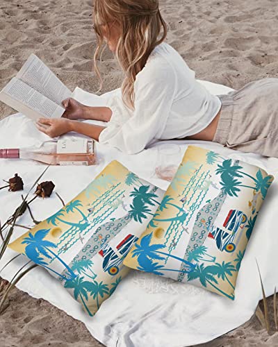 Edwiinsa Outdoor Pillow Covers Waterproof, Coconut Tree All Weather Cushion Case Set of 2, Summer Teal Moire Yellow Ombre Sunset Lumbar Pillowcase for Sofa Couch Bed Decor Patio Furniture 20"x12"