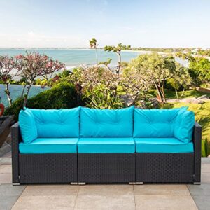 einfach 3 pieces patio furniture sectional conversation set, black pe rattan wicker with blue cushions, outdoor and indoor
