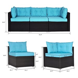Einfach 3 Pieces Patio Furniture Sectional Conversation Set, Black PE Rattan Wicker with Blue Cushions, Outdoor and Indoor