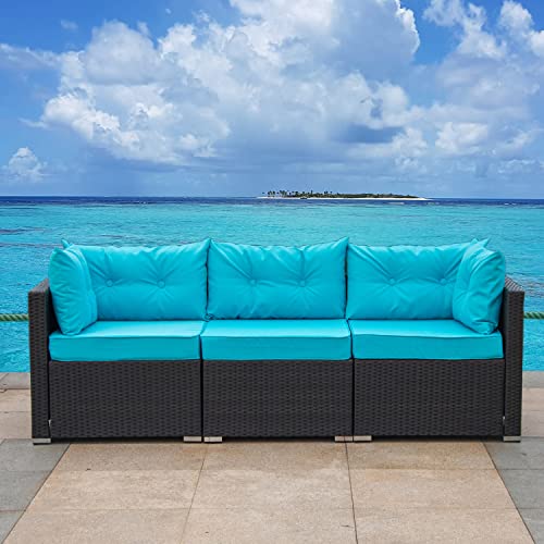 Einfach 3 Pieces Patio Furniture Sectional Conversation Set, Black PE Rattan Wicker with Blue Cushions, Outdoor and Indoor