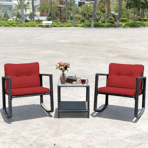 DORTALA 3 Pieces Patio Furniture Set, Rattan Rocking Chair and Glass Coffee Table for Backyard PoolsideOutdoor Wicker Conversation Set w/Cushioned Seat, Set of 3 Patio Bistro Set, Burgundy