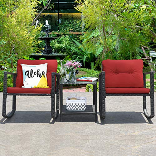 DORTALA 3 Pieces Patio Furniture Set, Rattan Rocking Chair and Glass Coffee Table for Backyard PoolsideOutdoor Wicker Conversation Set w/Cushioned Seat, Set of 3 Patio Bistro Set, Burgundy