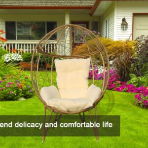 Wicker Egg Chair Outdoor, Rattan Hanging Basket Lounge Chair with Legs and Cushion, Oversized Indoor Outdoor Bedroom Garden Deck Balcony Lounger for Patio