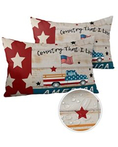 waterproof throw pillow covers set of 2 outdoor pillowcases patriotic stars rustic red truck car with american flag garden cushion covers for patio tent garden 20 x 12 inch