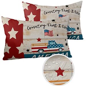 Waterproof Throw Pillow Covers Set of 2 Outdoor Pillowcases Patriotic Stars Rustic Red Truck Car with American Flag Garden Cushion Covers for Patio Tent Garden 20 x 12 Inch