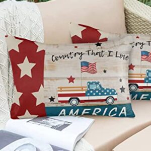 Waterproof Throw Pillow Covers Set of 2 Outdoor Pillowcases Patriotic Stars Rustic Red Truck Car with American Flag Garden Cushion Covers for Patio Tent Garden 20 x 12 Inch