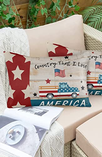 Waterproof Throw Pillow Covers Set of 2 Outdoor Pillowcases Patriotic Stars Rustic Red Truck Car with American Flag Garden Cushion Covers for Patio Tent Garden 20 x 12 Inch