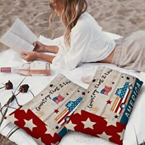 Waterproof Throw Pillow Covers Set of 2 Outdoor Pillowcases Patriotic Stars Rustic Red Truck Car with American Flag Garden Cushion Covers for Patio Tent Garden 20 x 12 Inch