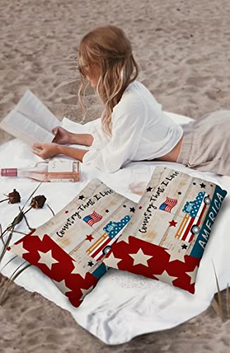 Waterproof Throw Pillow Covers Set of 2 Outdoor Pillowcases Patriotic Stars Rustic Red Truck Car with American Flag Garden Cushion Covers for Patio Tent Garden 20 x 12 Inch