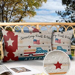 Waterproof Throw Pillow Covers Set of 2 Outdoor Pillowcases Patriotic Stars Rustic Red Truck Car with American Flag Garden Cushion Covers for Patio Tent Garden 20 x 12 Inch
