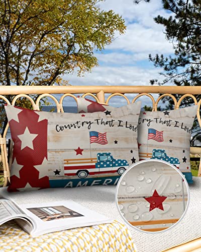 Waterproof Throw Pillow Covers Set of 2 Outdoor Pillowcases Patriotic Stars Rustic Red Truck Car with American Flag Garden Cushion Covers for Patio Tent Garden 20 x 12 Inch