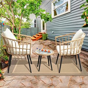 IJIALIFE 3 Pieces Patio Bistro Sets, Patio Conversation Chairs Outdoor Wicker Rattan Furniture Set with Soft Cushions Glass Side Table for Backyard Balcony Deck