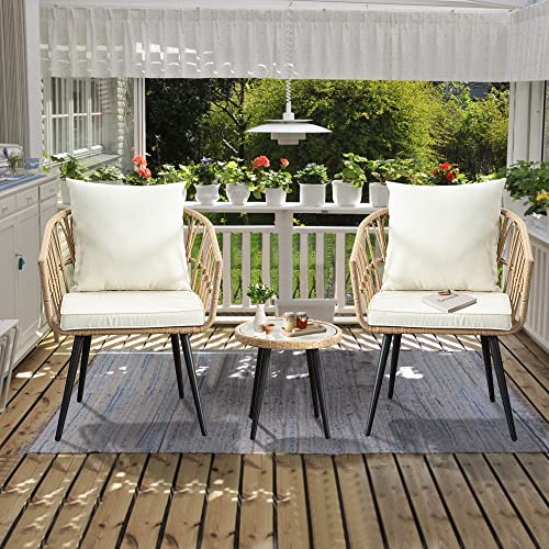 IJIALIFE 3 Pieces Patio Bistro Sets, Patio Conversation Chairs Outdoor Wicker Rattan Furniture Set with Soft Cushions Glass Side Table for Backyard Balcony Deck