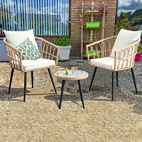 IJIALIFE 3 Pieces Patio Bistro Sets, Patio Conversation Chairs Outdoor Wicker Rattan Furniture Set with Soft Cushions Glass Side Table for Backyard Balcony Deck