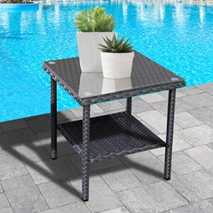 Outdoor PE Wicker Side Table - Patio Rattan Garden Coffee End Square Table with Glass Top Furniture, Black