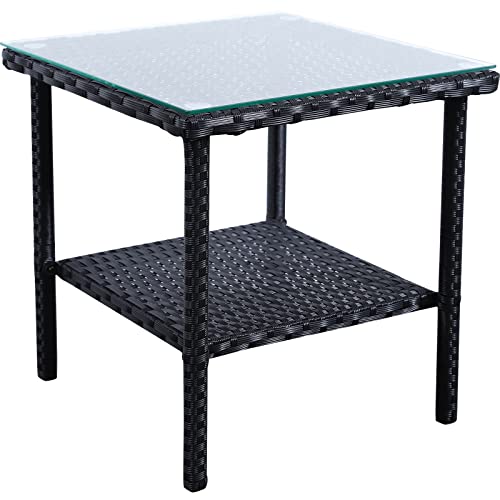 Outdoor PE Wicker Side Table - Patio Rattan Garden Coffee End Square Table with Glass Top Furniture, Black