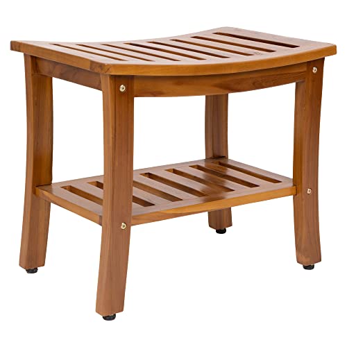 Teak Waterproof Bench - Indoor Outdoor Wood Bench with Shelf, Shower Bench for Elderly, Indoor and Outdoor, Patio, Garden, Spa