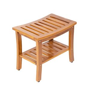 Teak Waterproof Bench - Indoor Outdoor Wood Bench with Shelf, Shower Bench for Elderly, Indoor and Outdoor, Patio, Garden, Spa