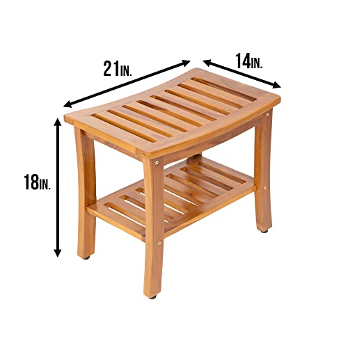 Teak Waterproof Bench - Indoor Outdoor Wood Bench with Shelf, Shower Bench for Elderly, Indoor and Outdoor, Patio, Garden, Spa