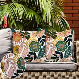 jartinle tropical leaves flower boho outdoor pillow covers 18×18 waterproof set of 2 bohemian blooming floral pattern patio throw pillow covers for porch balcony garden(18×18)