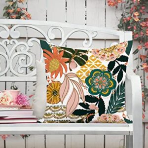 Jartinle Tropical Leaves Flower Boho Outdoor Pillow Covers 18x18 Waterproof Set of 2 Bohemian Blooming Floral Pattern Patio Throw Pillow Covers for Porch Balcony Garden(18x18)