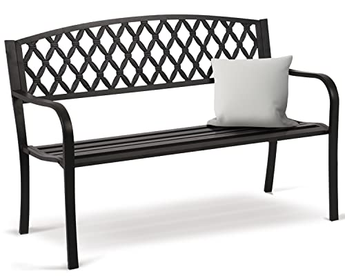 Yewuli 50" Metal Bench Outdoor Garden Benches Porch Patio Bench Weatherproof, Modern Park Benches for Outside Patio Furniture Loveseats Decor Cast Iron Frame, Black