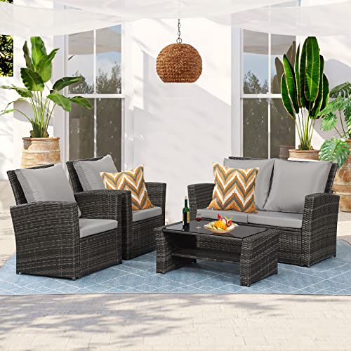 May in Color 4 Piece Patio Furniture Sets, All-Weather Patio Conversation Set Outdoor Wicker Sectional Sofa Chair with Cushion and Coffee Table, Grey