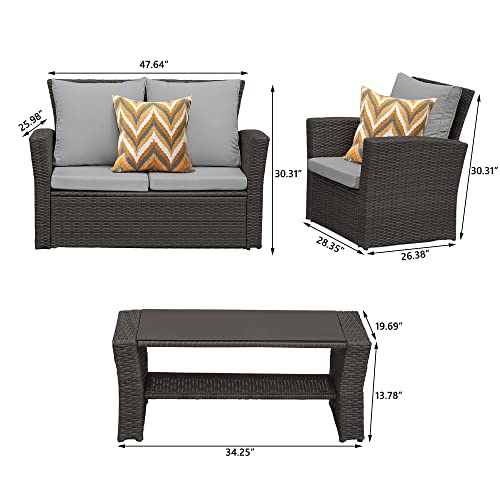 May in Color 4 Piece Patio Furniture Sets, All-Weather Patio Conversation Set Outdoor Wicker Sectional Sofa Chair with Cushion and Coffee Table, Grey