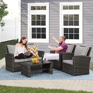 May in Color 4 Piece Patio Furniture Sets, All-Weather Patio Conversation Set Outdoor Wicker Sectional Sofa Chair with Cushion and Coffee Table, Grey