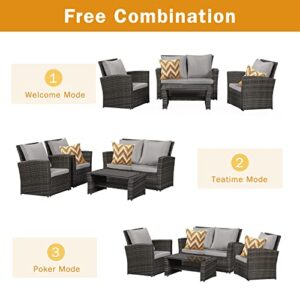 May in Color 4 Piece Patio Furniture Sets, All-Weather Patio Conversation Set Outdoor Wicker Sectional Sofa Chair with Cushion and Coffee Table, Grey