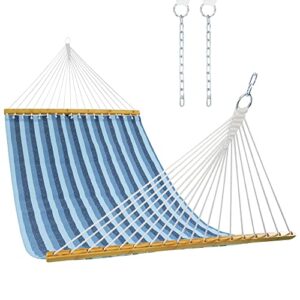 lxoohy 12ft quick dry double size outdoor hammock with bamboo spreader bar, 2 person hammock with chains and hooks for patio garden poolside backyard beach use, 440 lbs capacity, blue stripe