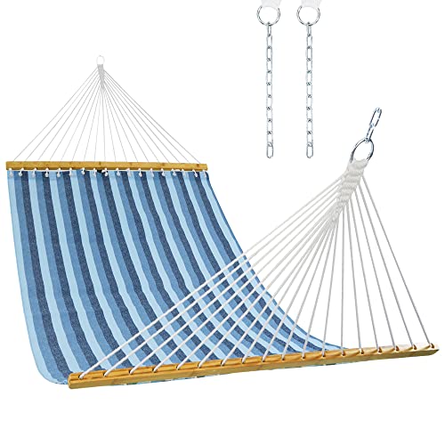 Lxoohy 12FT Quick Dry Double Size Outdoor Hammock with Bamboo Spreader Bar, 2 Person Hammock with Chains and Hooks for Patio Garden Poolside Backyard Beach use, 440 lbs Capacity, Blue Stripe