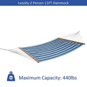 Lxoohy 12FT Quick Dry Double Size Outdoor Hammock with Bamboo Spreader Bar, 2 Person Hammock with Chains and Hooks for Patio Garden Poolside Backyard Beach use, 440 lbs Capacity, Blue Stripe