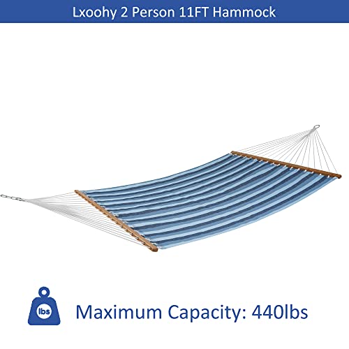 Lxoohy 12FT Quick Dry Double Size Outdoor Hammock with Bamboo Spreader Bar, 2 Person Hammock with Chains and Hooks for Patio Garden Poolside Backyard Beach use, 440 lbs Capacity, Blue Stripe