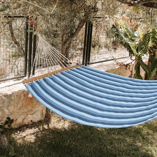 Lxoohy 12FT Quick Dry Double Size Outdoor Hammock with Bamboo Spreader Bar, 2 Person Hammock with Chains and Hooks for Patio Garden Poolside Backyard Beach use, 440 lbs Capacity, Blue Stripe