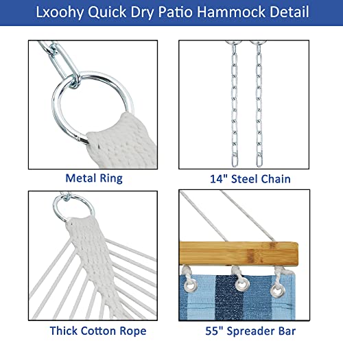Lxoohy 12FT Quick Dry Double Size Outdoor Hammock with Bamboo Spreader Bar, 2 Person Hammock with Chains and Hooks for Patio Garden Poolside Backyard Beach use, 440 lbs Capacity, Blue Stripe