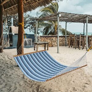 Lxoohy 12FT Quick Dry Double Size Outdoor Hammock with Bamboo Spreader Bar, 2 Person Hammock with Chains and Hooks for Patio Garden Poolside Backyard Beach use, 440 lbs Capacity, Blue Stripe