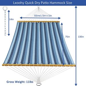 Lxoohy 12FT Quick Dry Double Size Outdoor Hammock with Bamboo Spreader Bar, 2 Person Hammock with Chains and Hooks for Patio Garden Poolside Backyard Beach use, 440 lbs Capacity, Blue Stripe