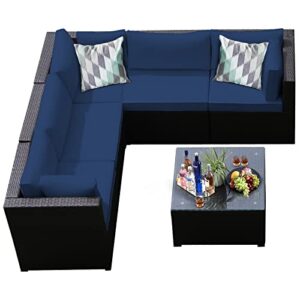 DORTALA 6PCS Rattan Patio Sectional Sofa Conversation Set, Outdoor Rattan Sofa Set w/Cushions, Multiple Combinations Conversation Set for Porch Garden Poolside Balcony, Navy