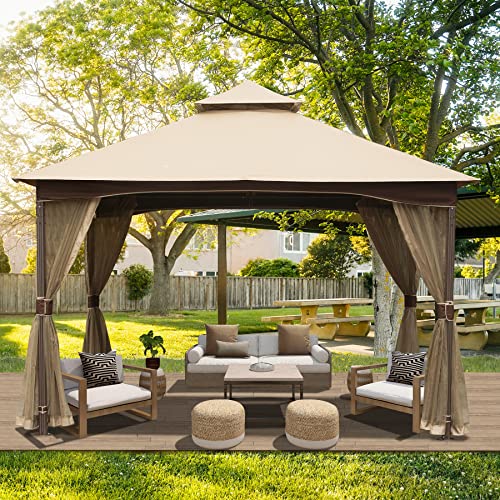 Domi 10'x13' Gazebo, Outdoor Gazebo with Mosquito Netting, Metal Frame Double Roof Soft Top Patio Gazebo Canopy Tent for Deck Backyard Garden Lawns