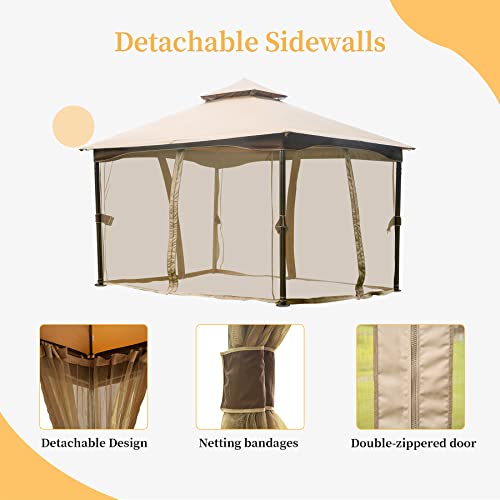 Domi 10'x13' Gazebo, Outdoor Gazebo with Mosquito Netting, Metal Frame Double Roof Soft Top Patio Gazebo Canopy Tent for Deck Backyard Garden Lawns