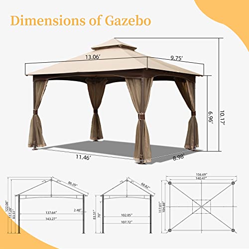 Domi 10'x13' Gazebo, Outdoor Gazebo with Mosquito Netting, Metal Frame Double Roof Soft Top Patio Gazebo Canopy Tent for Deck Backyard Garden Lawns