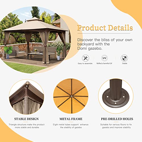 Domi 10'x13' Gazebo, Outdoor Gazebo with Mosquito Netting, Metal Frame Double Roof Soft Top Patio Gazebo Canopy Tent for Deck Backyard Garden Lawns