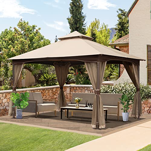 Domi 10'x13' Gazebo, Outdoor Gazebo with Mosquito Netting, Metal Frame Double Roof Soft Top Patio Gazebo Canopy Tent for Deck Backyard Garden Lawns